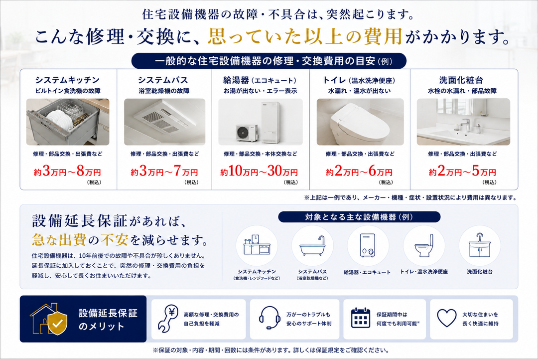 住宅設備機器の修理・交換費用の目安。各金額と条件は続く本文に記載